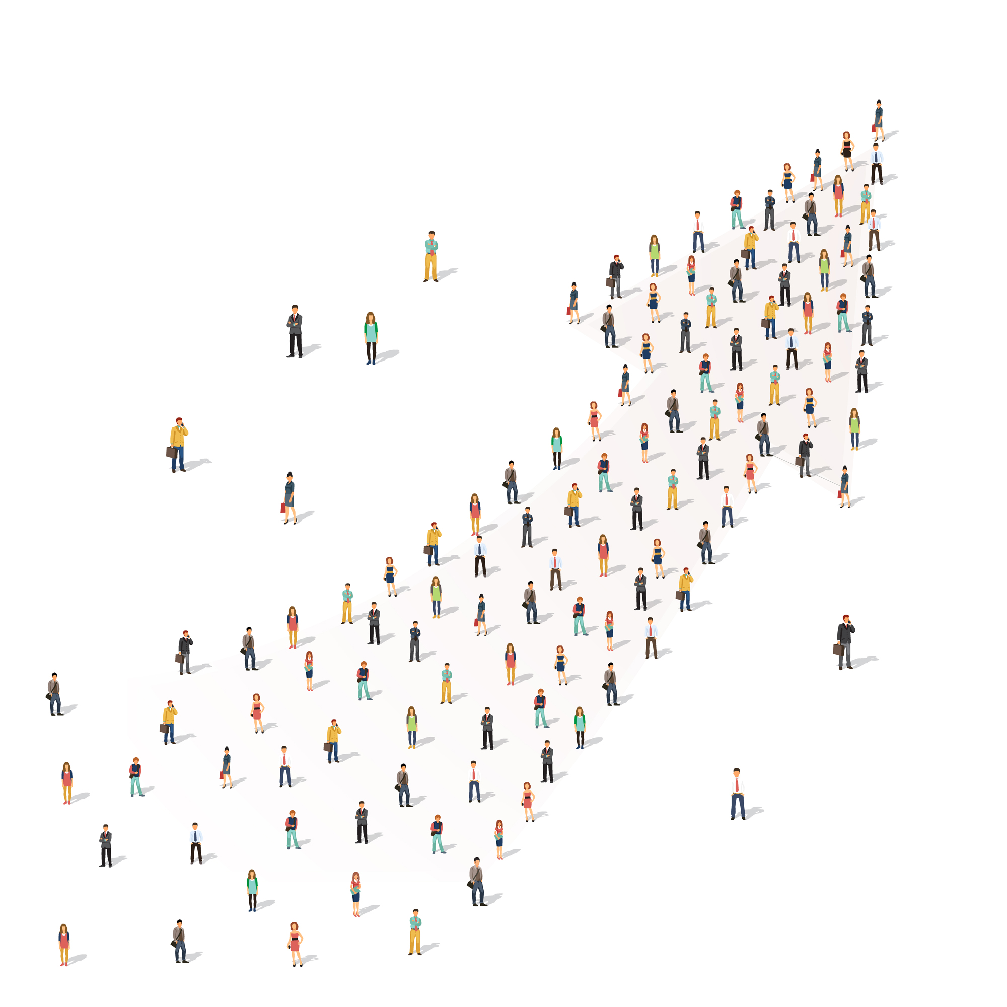 Large group of people standing together in shape of an arrow. Flat style vector illustration isolated on white background.